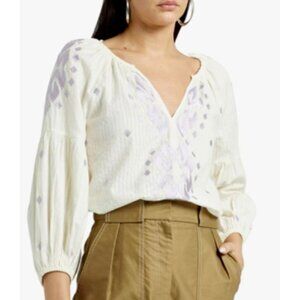 VELVET by Graham & Spencer Embroidered Gathered Cotton-Voile Top Size Small